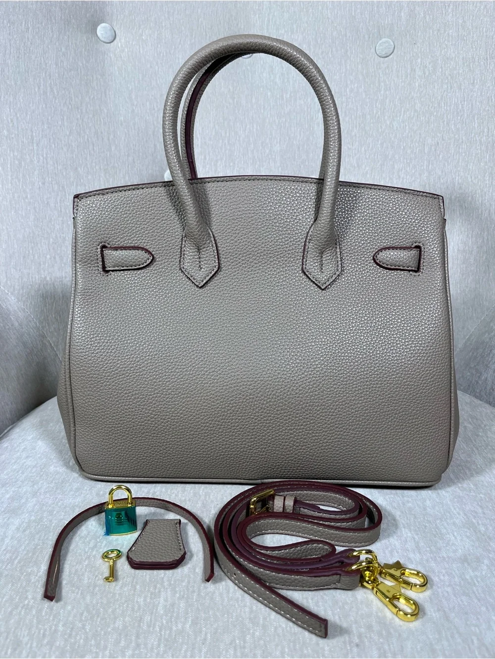 Taupe Leather Structured Top-Handle Bag with Gold Hardware